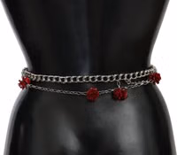 Red Leather Roses Floral Silver Waist Belt 5