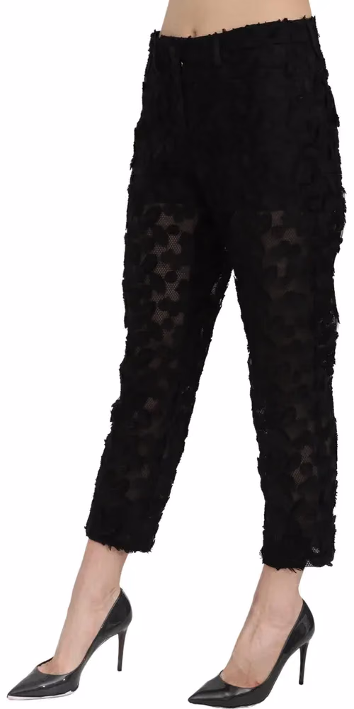 Black Lace Straight Cropped High Waist Pants