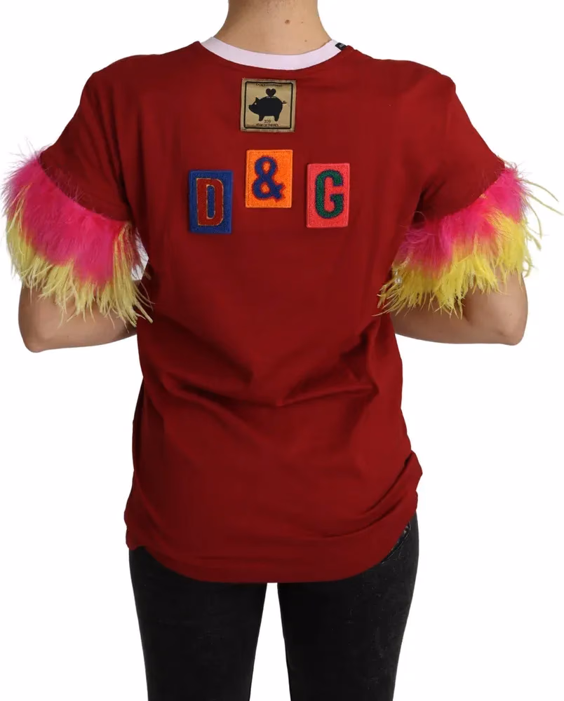 Red Pig Print Feather Sleeves T-shirt Top