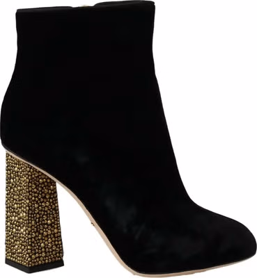 Black Velvet Crystal Square Heels Shoes