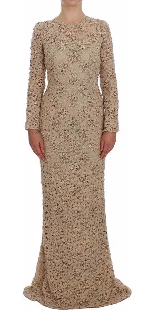Beige Floral Lace Sheath Maxi Dress