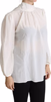 White Silk Pussy Bow Long Sleeved Top Blouse 1
