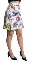 White Cartoon Brocade A-line High Waist Skirt 4