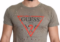 Brown Cotton Stretch Logo Print Men Casual Perforated T-shirt 2