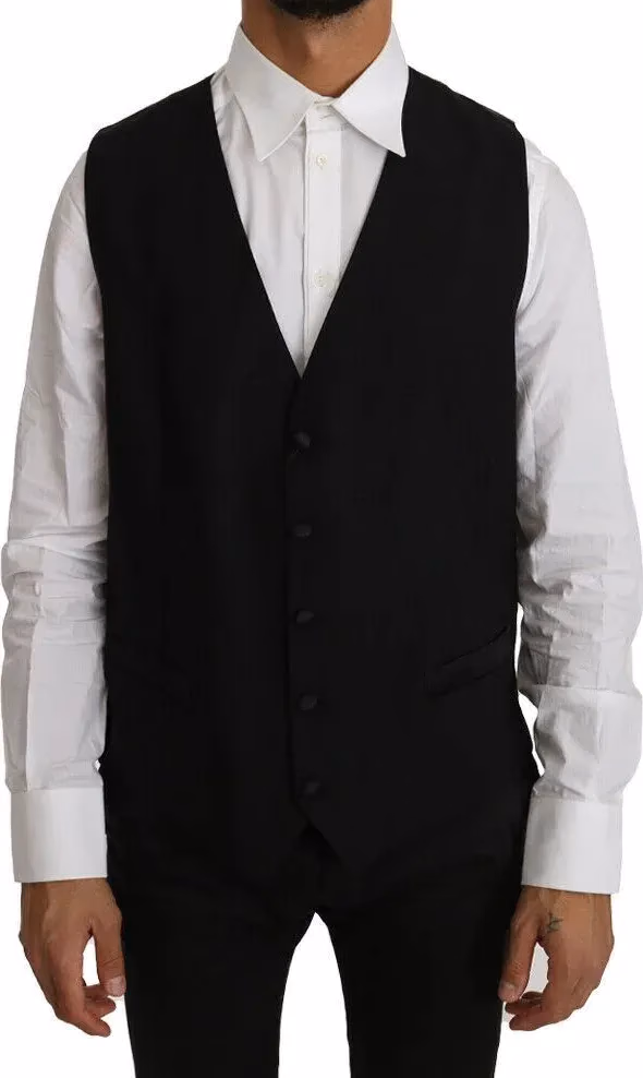 Black Solid Wool Silk Vest