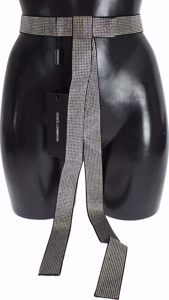 Black Silk Clear Crystal Bow Waist Belt