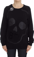Black Cotton Motive Print Crewneck Pullover Sweater 1