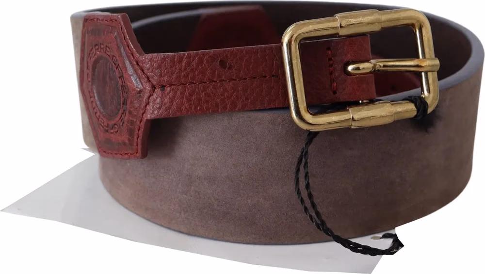 Brown Leather Wide Gold Chrome Logo Buckle Belt