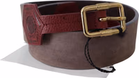 Brown Leather Wide Gold Chrome Logo Buckle Belt 1