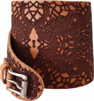 Brown Wide Leather Embroidered Design Logo Belt 2