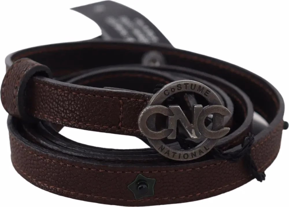 Brown Skinny Leather Round Logo Buckle Belt