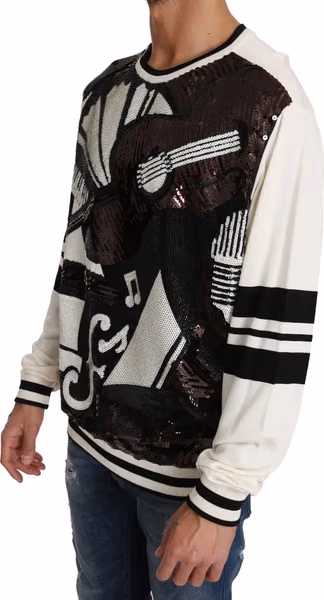 White Jazz Sequined Guitar Pullover Top Sweater