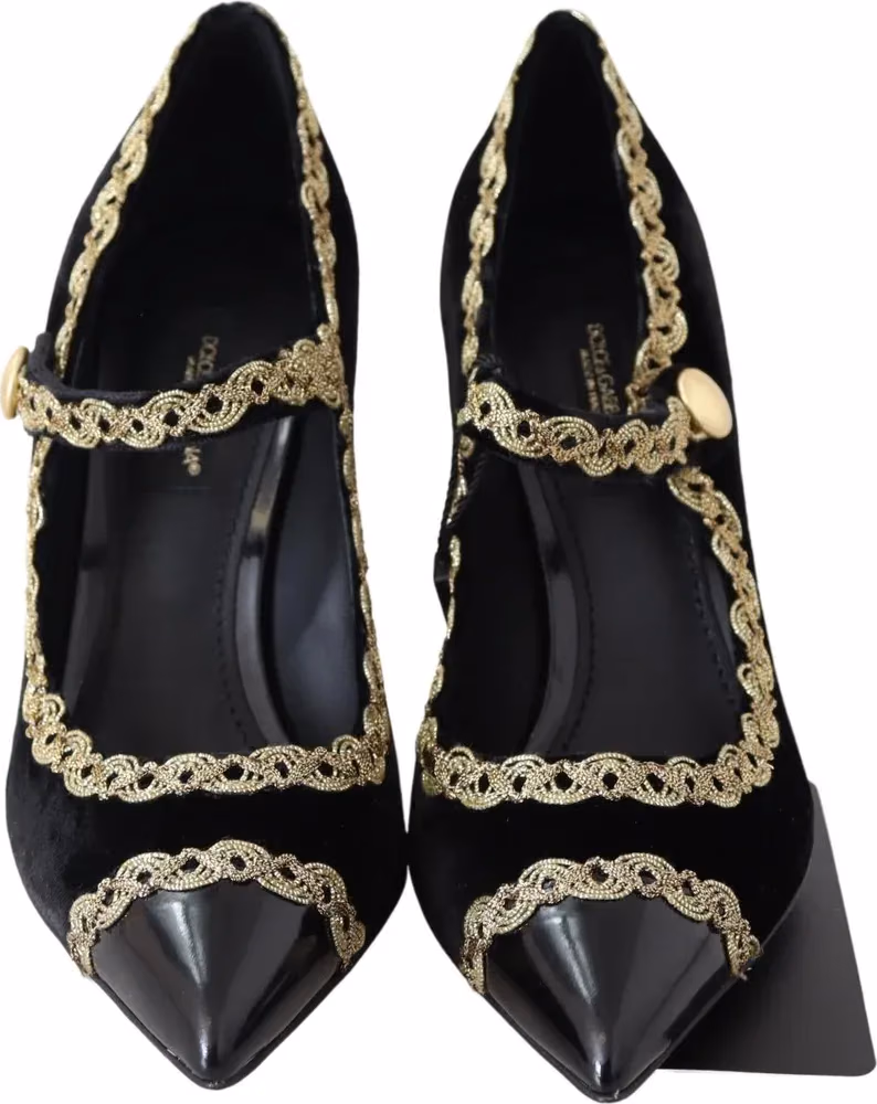 Black Velvet Gold Mary Janes Pumps
