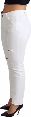 White Tattered Skinny Denim Cotton Stretch Jeans