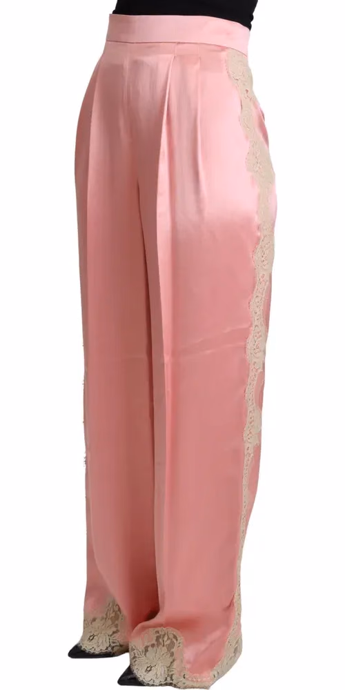 Pink Lace Trimmed Silk Satin Wide Legs Pants