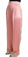 Pink Lace Trimmed Silk Satin Wide Legs Pants 1