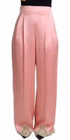 Pink Lace Trimmed Silk Satin Wide Legs Pants 3