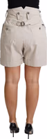 Beige Cotton Pleated High Waist Casual Shorts 2