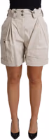 Beige Cotton Pleated High Waist Casual Shorts 3