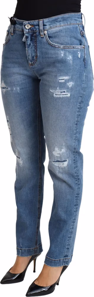 Blue Tattered Skinny Denim Cotton Blend Jeans