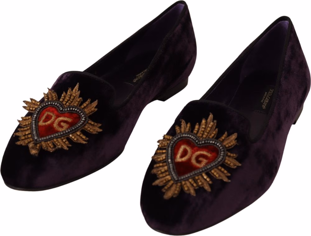 Purple Velvet DG Heart Loafers Flats Shoes