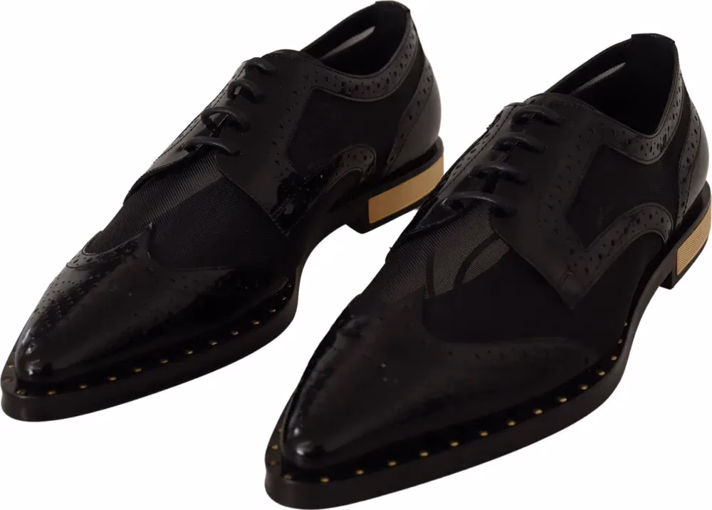 Black Leather Broques Sheer Wingtip Shoes