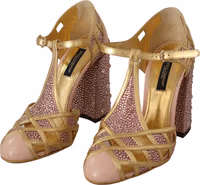 Pink Gold Leather Crystal Pumps T-strap Shoes 1