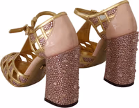 Pink Gold Leather Crystal Pumps T-strap Shoes 2