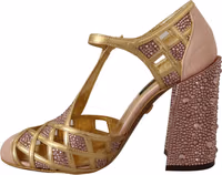 Pink Gold Leather Crystal Pumps T-strap Shoes 3
