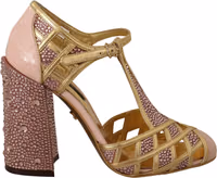 Pink Gold Leather Crystal Pumps T-strap Shoes 4