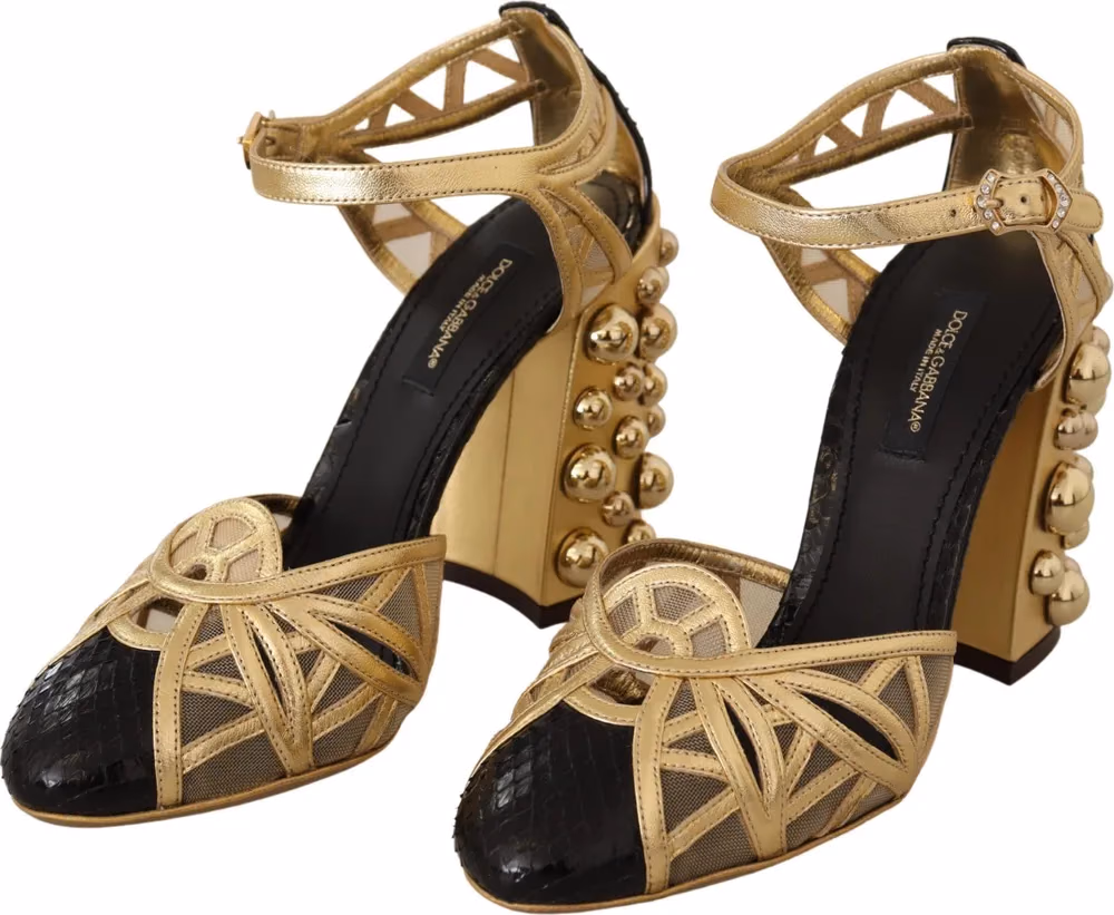 Black Gold Leather Studded Ankle Straps Shoes