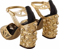Black Gold Leather Studded Ankle Straps Shoes 2