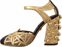 Black Gold Leather Studded Ankle Straps Shoes 3
