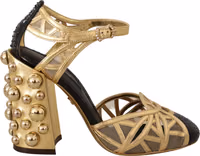Black Gold Leather Studded Ankle Straps Shoes 4