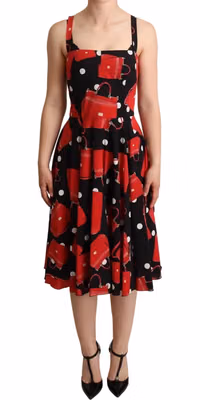 Black Red Bag Print A-line Mid Length Dress