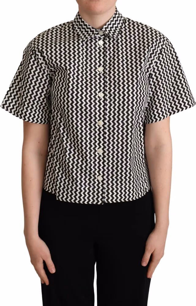 Black White Zigzag Collar Cotton Top Shirt