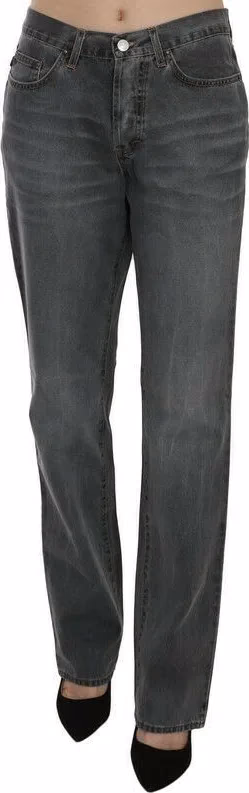 Gray Washed Mid Waist Straight Denim Pants Jeans