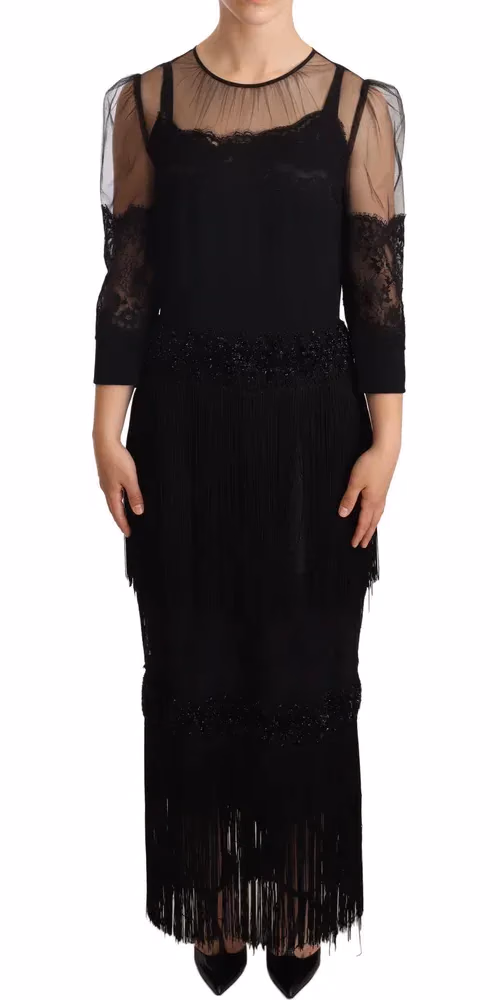 Black Sheer Floral Lace Crystal Maxi Dress