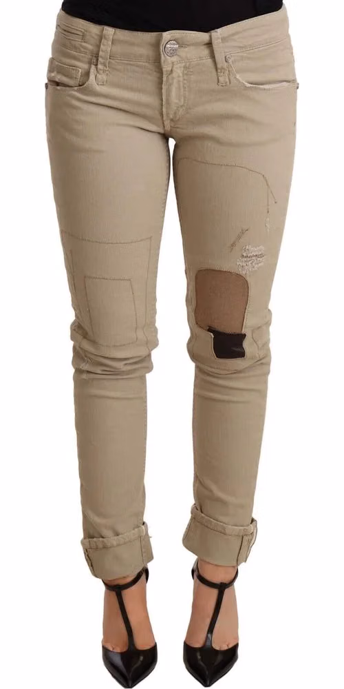 Beige Denim Cotton Bottom Slim Fit Folded Pant