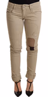 Beige Denim Cotton Bottom Slim Fit Folded Pant 1