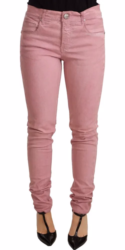 Pink Cotton Slim Fit Women Denim Skinny Pants
