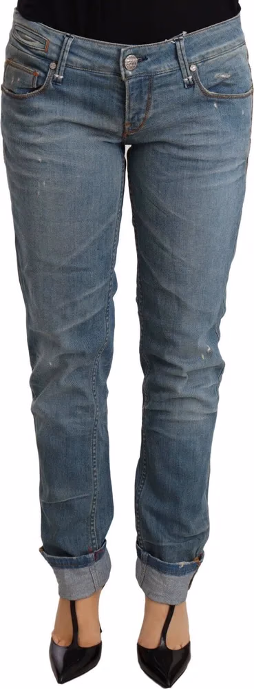 Blue Washed Cotton Folded Hem Women Trouser