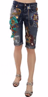 Blue Denim Mid Waist Crystal Capri Shorts 1