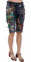 Blue Denim Mid Waist Crystal Capri Shorts 2