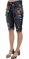 Blue Denim Mid Waist Crystal Capri Shorts 3
