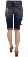 Blue Denim Mid Waist Crystal Capri Shorts 4