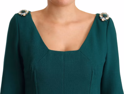 Green Stretch Crepe Crystal Midi Dress