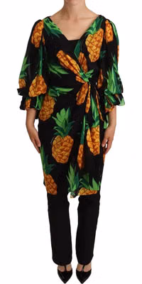Black Ananas Print Wrap Stretch Silk Dress