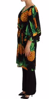 Black Ananas Print Wrap Stretch Silk Dress 2