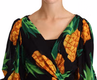 Black Ananas Print Wrap Stretch Silk Dress 4